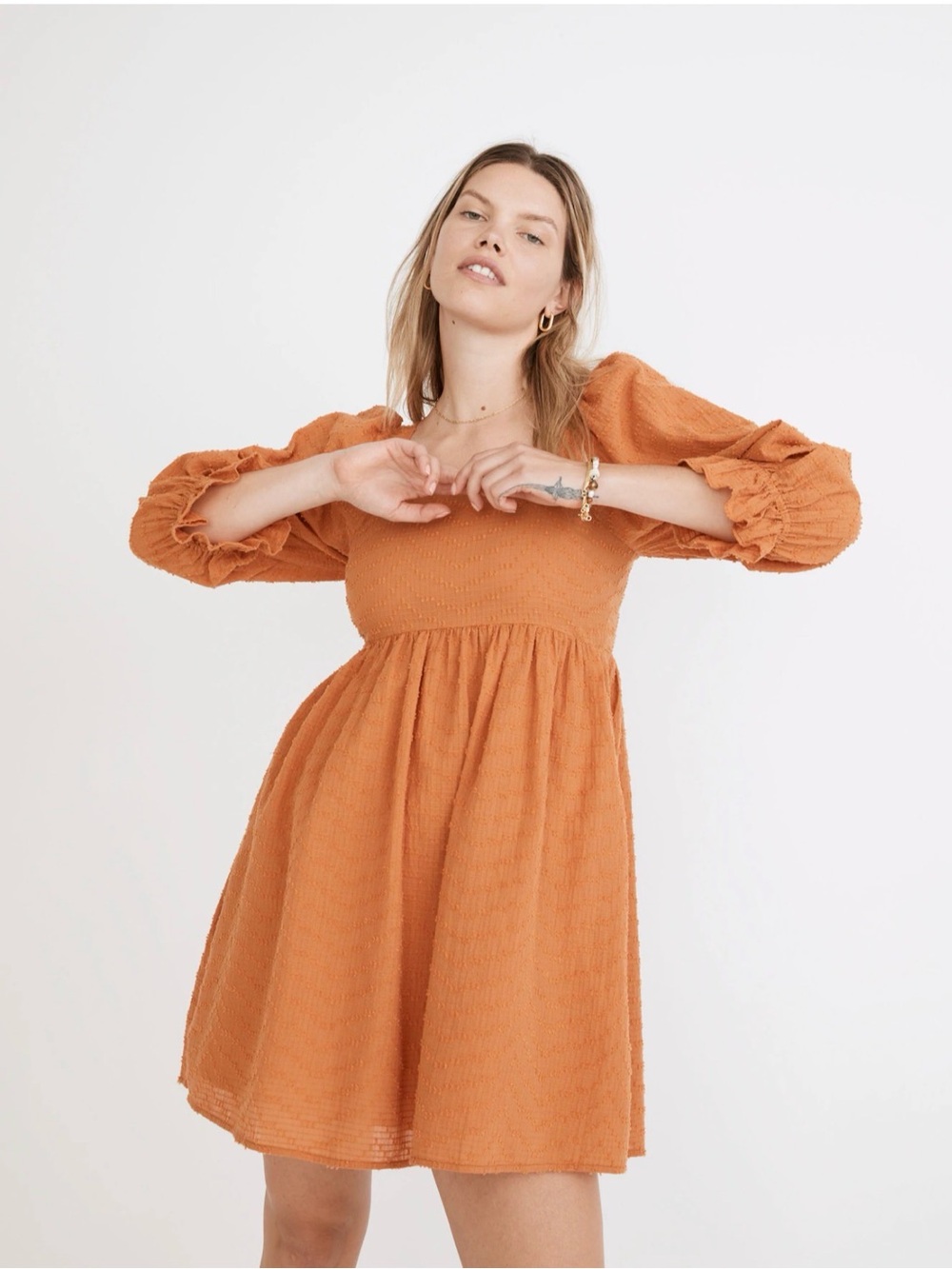Madewell Puff Sleeve Waisted Mini Dress‎ Mulled Cider NE741 100% Cotton